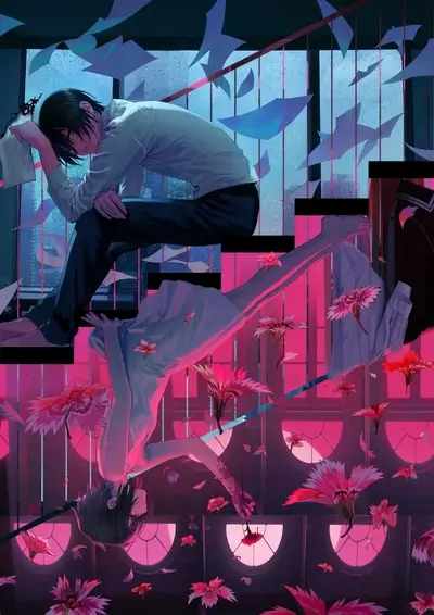 Couple sitting on a staircase, papers flying, pink flowers