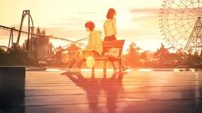 Couple sitting on bench at sunset, amusement park in background