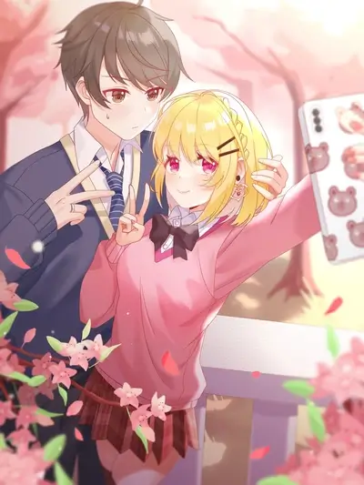 Couple taking a selfie in a blossom-filled park