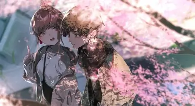 Couple under cherry blossoms