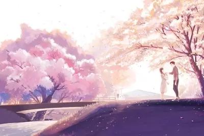 Couple under cherry blossoms by a river