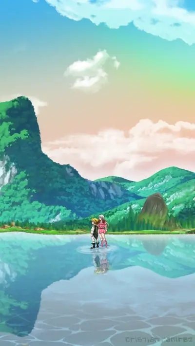 Couple walking through lake, with green hills and colorful sky