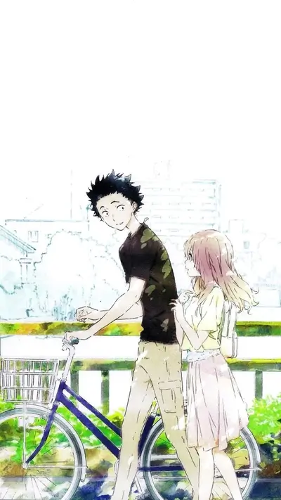 Couple walking with bicycle, light watercolor style