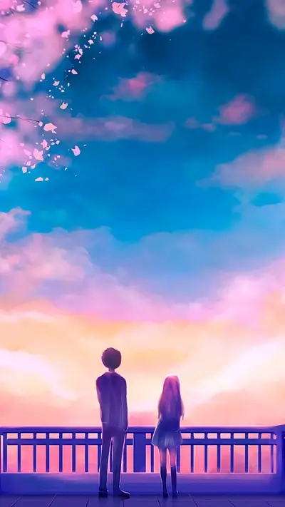 Couple watching sunset from balcony, pink cherry blossoms falling