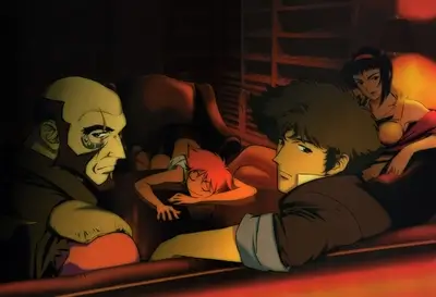 Cowboy Bebop characters in a dimly lit room