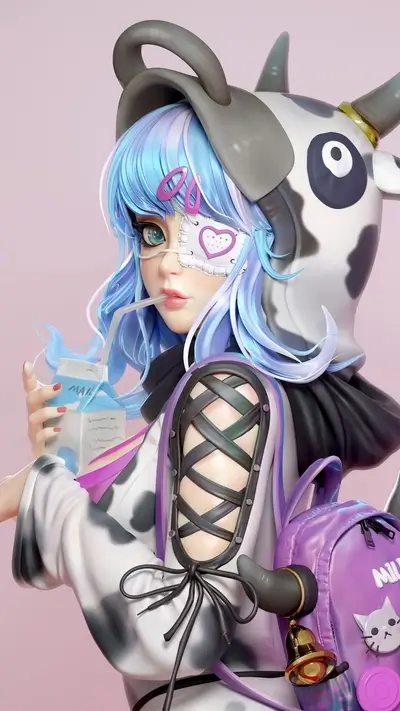 Cowgirl with blue hair drinking milk