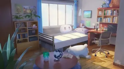 Cozy bedroom with sunlight, books, and cute plushies
