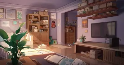 Cozy living room with warm lighting, plants, and decorative elements, comfortable and homey