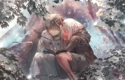 Cozy reading time under snowy trees, embracing in a tranquil scene