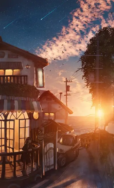 Cozy seaside town at twilight with shooting stars, a cafe, and a scooter