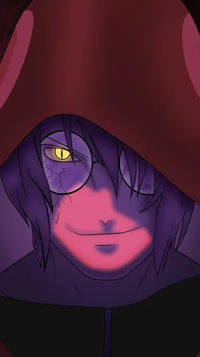 Creepy character wearing glasses under a hood with a sinister smile