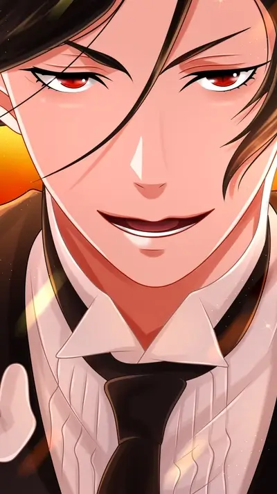 Crimson-eyed butler displaying sinister smile, suited formally