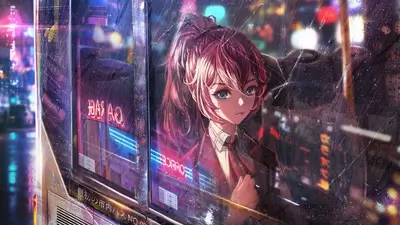 Crimson-haired girl in rainy cityscape, staring behind a glass