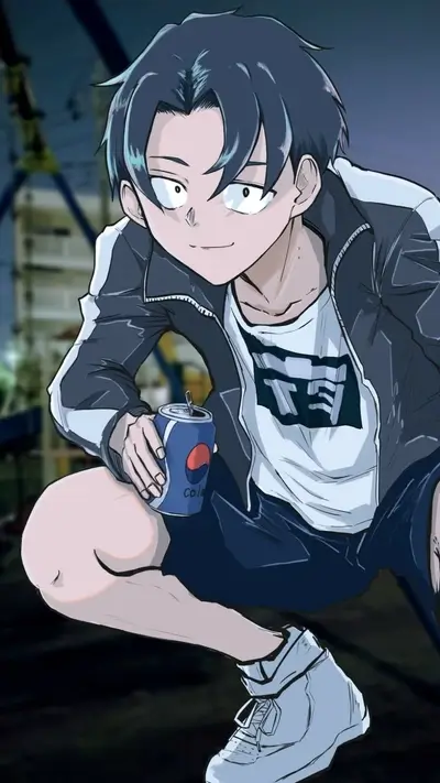 Crouching boy with a can, jacket, shorts, and shoes