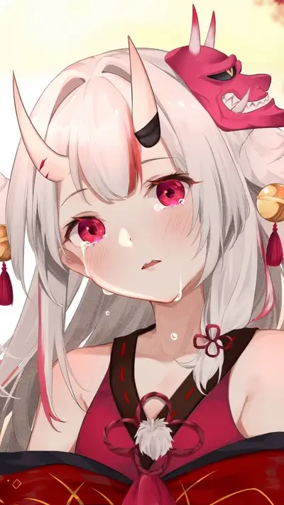 Crying anime girl with horns and a mask on her head