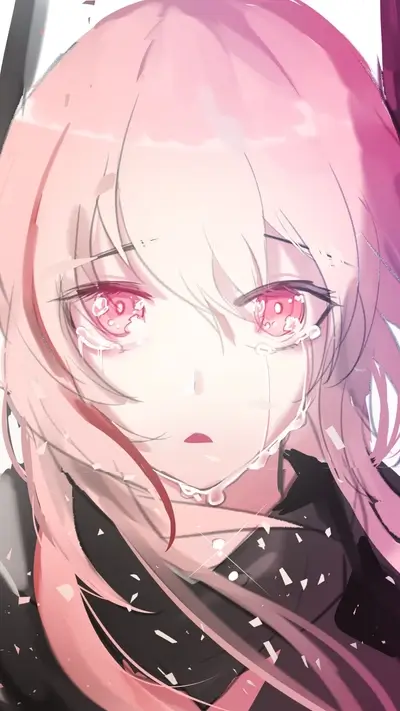 Crying character with pink hair, red eyes and emotional face