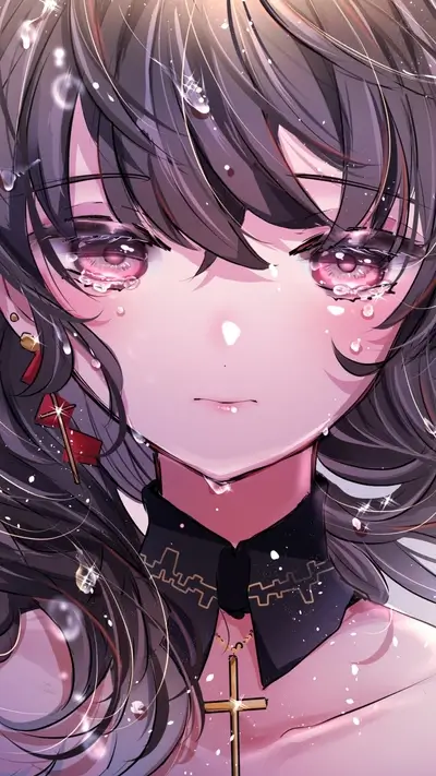 Crying girl with cross necklace