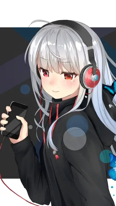 Crying girl with headphones and phone