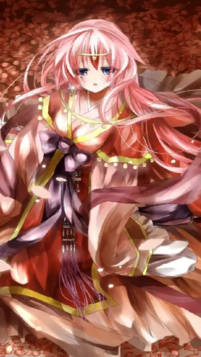 Crying girl with long pink hair in an ornate red and gold kimono