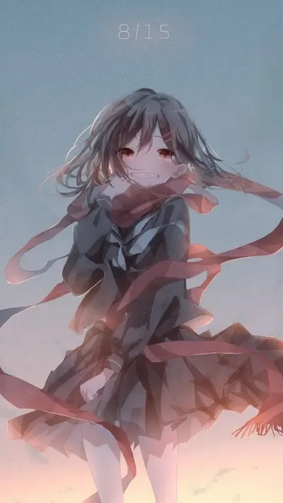 Crying girl with red scarf in uniform