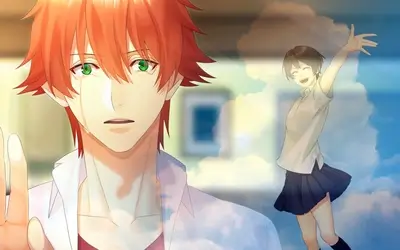 Crying red haired boy touching glass with smiling girl reflection