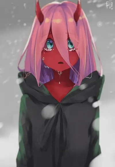 Crying red-skinned girl with pink hair and horns in a hoodie, snow falling