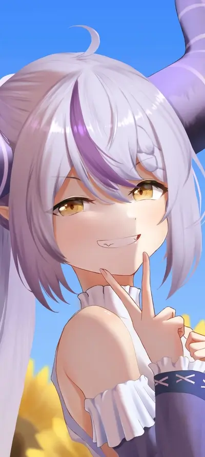 Cute anime character with white hair and horns looking mischievous