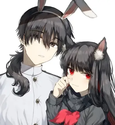 Cute anime couple wearing bunny and cat ears