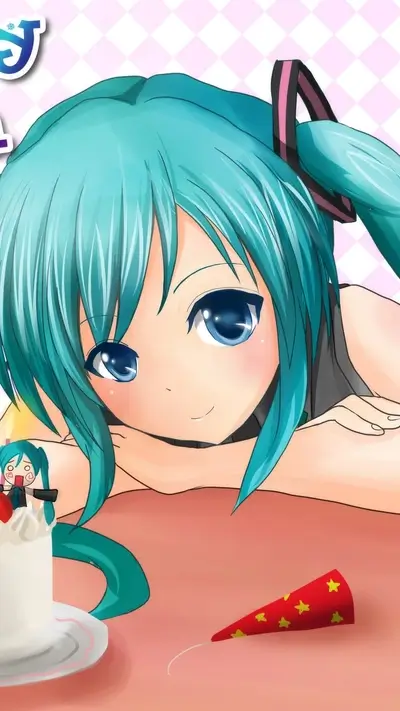 Cute anime girl celebrating birthday with cake and party hat
