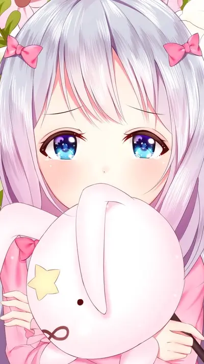 Cute anime girl crying while hugging a plush bunny