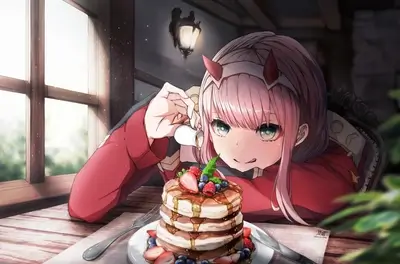 Cute anime girl enjoying a stack of pancakes with berries and syrup