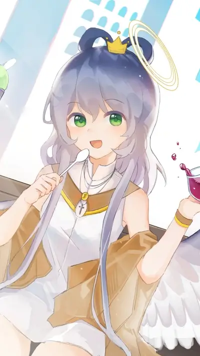Cute anime girl enjoying dessert and wine