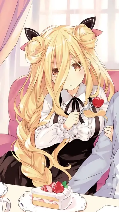 Cute anime girl enjoying strawberry cake