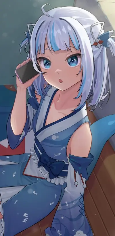 Cute anime girl holding a phone, wearing a blue dress