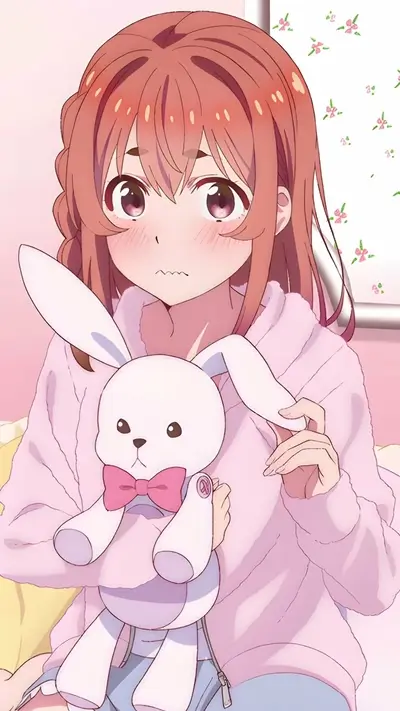 Cute anime girl holding bunny plush