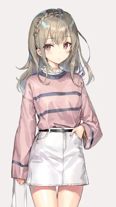 Cute anime girl in a pink sweater and white skirt