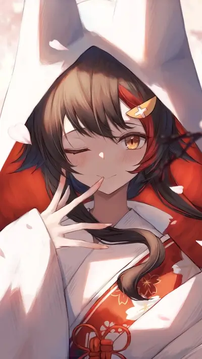 Cute anime girl in a white and red hooded outfit