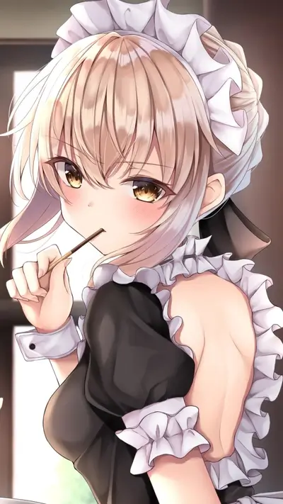 Cute anime girl in maid costume eating a pocky stick