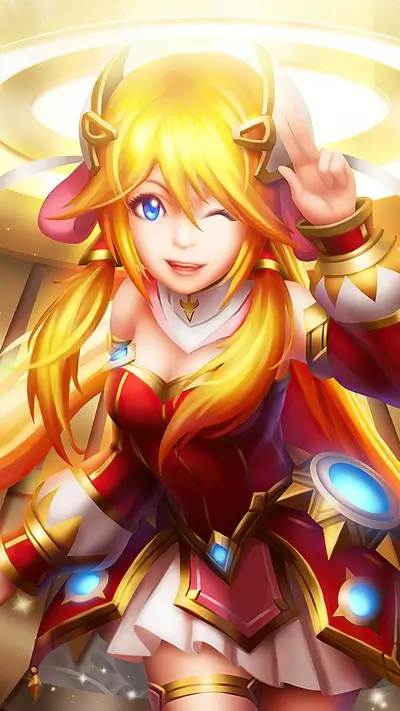 Cute anime girl in red and gold armor, winking