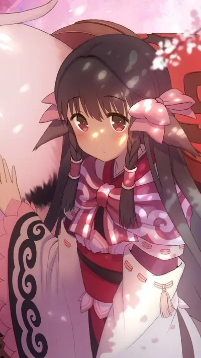 Cute anime girl in traditional outfit, pink ribbons, and braids