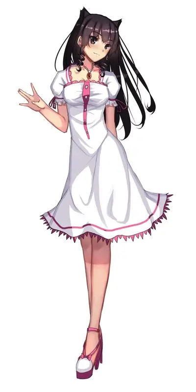 Cute anime girl in white dress and platform shoes, wearing cat ears