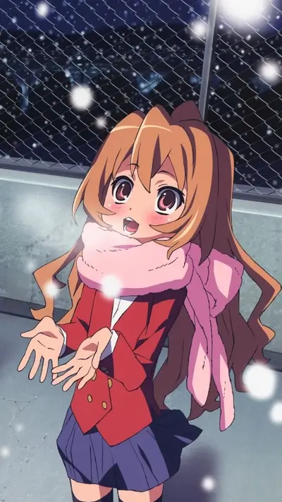 Cute anime girl looking up in snowy weather with winter attire