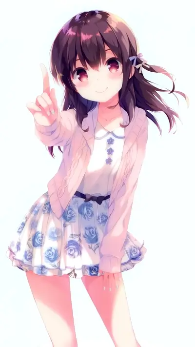 Cute anime girl pointing up, wearing a pink cardigan and floral skirt