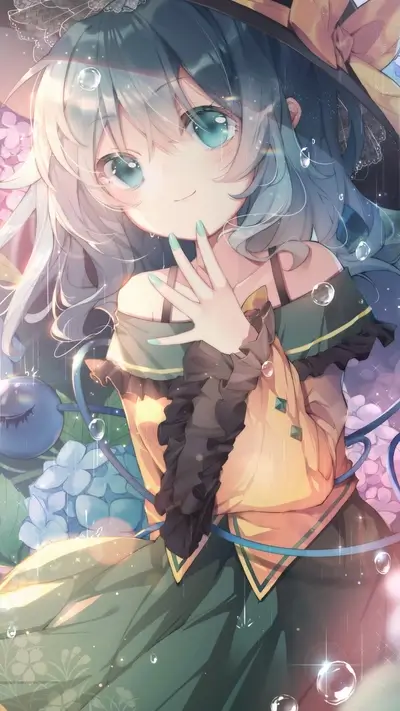 Cute anime girl portrait with long blue hair and teal eyes in floral frame