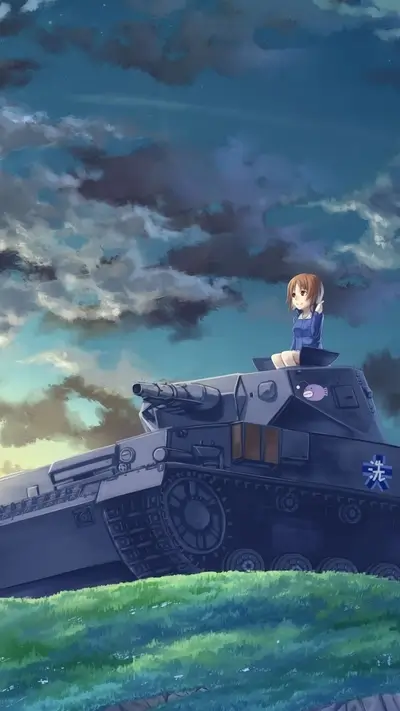 Cute anime girl sitting on top of a dark tank with clouds above