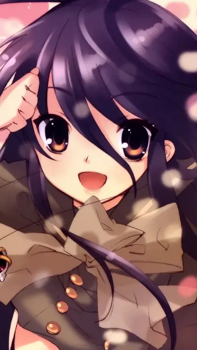 Cute anime girl smiles at the viewer with big eyes