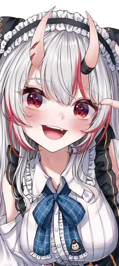 Cute anime girl smiles with small fangs, white hair, horns, and frilly outfit