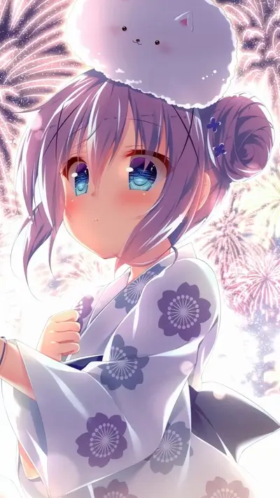 Cute anime girl wearing yukata with fireworks background