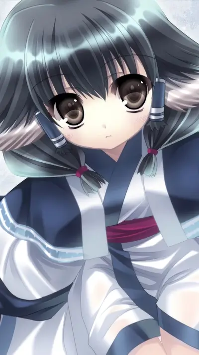 Cute anime girl with big eyes, dressed in traditional kimono