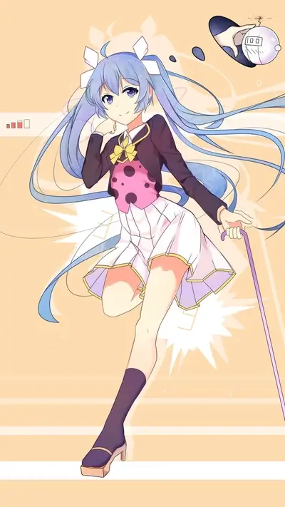 Cute anime girl with blue hair and a cane